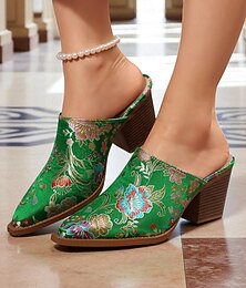 economico -sandali con tacco a blocco in jacquard verde anni '50 da donna – sandali con tacco a blocco slip-on in broccato floreale per look di ispirazione vintage, outfit eleganti ed eventi culturali