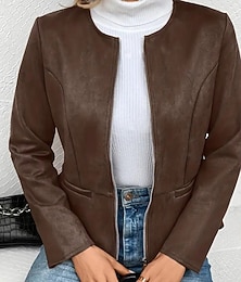 abordables -Mujer Chaqueta de cuero sintético Chaqueta casual Mantiene abrigado Cómodo Cremallera Bolsillo Moda Plano Exterior Calle Noche Casual Diario Cremallera Regular Cuello redondo Ajuste regular Manga