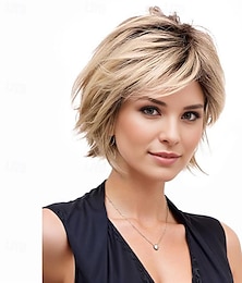 abordables -perruque courte blonde dégradée pour femme avec racines foncées &frange – cheveux synthétiques résistants à la chaleur pour cosplay, Halloween &mode quotidienne