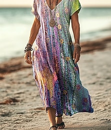 ieftine -Pentru femei Lungimea podelei Rochie casual Rochie A line Rochie de vară Elegant Vacanță Casual Concediu Dată Plajă Potrivire Largă Ombre Floral Grafic Manșon scurt În V Mov Deschis Vară Primăvar