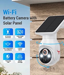 お買い得  -1080p Wi-Fiセキュリティカメラ、ソーラーパネル、バッテリー電源、パンチルト、AIモーション検知、ナイトビジョン、双方向通話、IP65ストレージ
