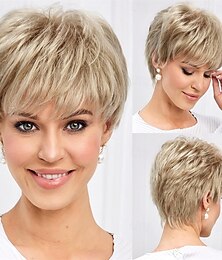 baratos -Perucas curtas para mulheres, fibra de memória, cabelo humano simulado, peruca pixie cacheada com franja, cabelo natural para uso diário