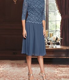 preiswerte -A-Linie Knielang Partykleid Cocktailkleid Dreiviertelarm U-Boot-Ausschnitt Elegant Einfach Minimalistisch Formell Hochzeitsgast Chiffon Spitze Brautmutterkleid mit Spitze Paillette Stickerei