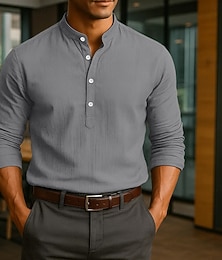 economico -Per uomo Camicia di lino Camicia con colletto alla coreana Camicia popover Camicia elegante Camicia casual Camicia da Spiaggia Semplice Vacanza Casuale Nero Bianco Rosa Blu Manica Lunga Colletto alla