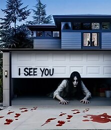 olcso -Halloween kísértetjárta garázsajtó takaró, ijesztő szellem véres lábnyomokkal és "látlak" mintával, hátborzongató horror dekoráció kültéri udvarra, házra vagy buliba 2025