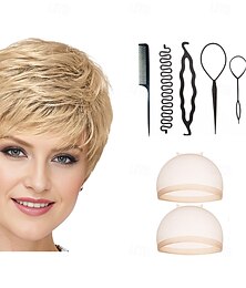 economico -Parrucca Pixie Cortissima Ultra-Chic con Strati Dritti e Ordinati  Toni Multicolore di Biondo Argento Marrone e Rosso con 2PCS Cappello Parrucca HD e Set di Strumenti per Parrucchieri