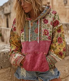 abordables -Sudadera con capucha bohemia vintage de impresión 3D para mujer sudadera de parcheo pulóver floral casual de manga larga con capucha ropa diaria de calle parcheo impresión bolsillo frontal rosa