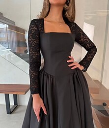 levne -Černé koktejlové šaty áčkového strihu s dlouhým rukávem, strečové krepové společenské šaty s dlouhým rukávem, elegantní svatební šaty, délka do čaje, midi, čtvercový výstřih, strečová krajka s