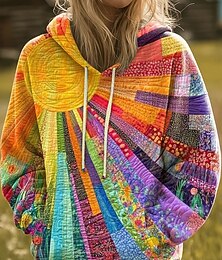 olcso -Női Pulóver Hoodie pulóver Grafika Szivárvány Alkalmi Boho Hosszú ujj Kapucni Normál felsők Utca Hétköznapi Nyomtatott Elülső zseb Sárga Arcpír rózsaszín Medence Narancssárga Ősz Tél