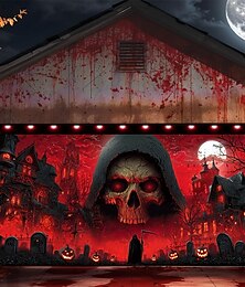 billige -Halloween garasjeportdeksel Grim Reaper hodeskalle banner hjemsøkt hus kirkegård scene skrekk skummel bakgrunn billedvev for utendørs vegggjerde dekorasjon