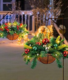 ieftine -Flori artificiale de Crăciun pentru exterior cu coș agățat, jardiniere suspendate pentru decor de iarnă de Crăciun, verandă din față, grădină, terasă, casă