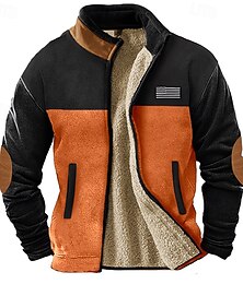 お買い得  -男性用 冬物ジャケット フリースの上着 カジュアルジャケット バケーション 日常 保温 ポケット フリース 冬 カラーブロック 国旗 ファッション ストリートファッション スタンドカラー レギュラー オレンジ ブラウン グリーン アーミーグリーン ジャケット
