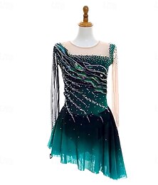 cheap -Figure Skating Dress Women's Girls' Ice Skating Dress Dark Green Open Back Asymmetric Hem Mesh High Elasticity Training Competition Skating Wear Classic Crystal / Rhinestone Long Sleeve Ice Skating Figure