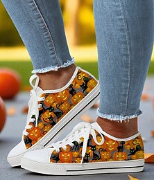 economico -sneakers da donna in tela con lacci e stampa di zucca e cielo notturno di streghe – scarpe da festival di Halloween e da streetwear casual