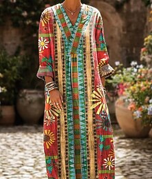 economico -Per donna Abito maxi Vestito Estivo Abito a trapezio Vacanza Casual Boho Feste Ferie Spiaggia Vestibilità comoda Floreale Grafico Geometrico Manica Lunga Scollo a V Giallo Rosso Fucsia Arancione