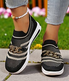 abordables -Baskets Flyknit rouges à enfiler pour femme avec détail chaîne – Chaussures de marche légères à rayures pour le shopping, Noël et les loisirs