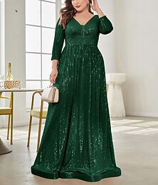 abordables -Corte A Hasta el Suelo Vestidos de fiesta Elegante Manga Larga Escote en Pico Formal Invitado de boda de otoño Lentejuelas con Brillante Lentejuela