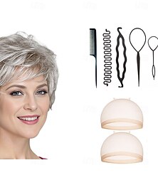 economico -Parrucca Cortissima Classica con Volume Invidiabile e Strati Testurizzati  Toni Multicolore di Biondo con 2PCS Cappello Parrucca HD e Set di Strumenti per Parrucchieri