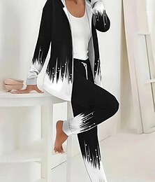 economico -Completo da donna due pezzi, attivo, quotidiano, con felpa e pantaloni, manica lunga, girocollo, con cappuccio, stampa floreale sfumata, con coulisse, casual, nero e bianco, autunno, vestibilità