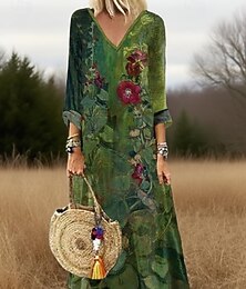 ieftine -Pentru femei Rochie Lunga Rochie Maxi Rochie casual Rochie imprimata Modă Modern Zilnic Plajă Sfârșit de săptămână Fit regulat Floare Lungime Manșon 3/4 În V Trifoi Toamnă