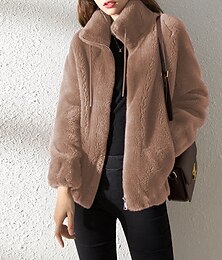 abordables -Mujer Abrigo de invierno Chaqueta de sherpa Chaqueta casual Mantiene abrigado Cómodo Bolsillo Moderno Casual Plano Vacaciones Calle Ropa Cotidiana Noche Cremallera Regular Escote Chino Ajuste regular