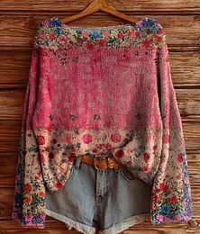 abordables -Pull femme décontracté floral élégant moderne à manches longues col rond doux régulier hauts quotidien vacances imprimé rose rouge violet kaki printemps automne hiver