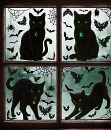 お買い得  -ハロウィーンの窓用ステッカー4枚セット、クモの巣、コウモリのデコレーション &黒猫、静電気、ハロウィーンの店頭 &家の装飾