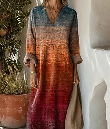economico -Per donna Abito maxi Vestito Estivo Abito a trapezio Vacanza Casual Boho Feste Ferie Spiaggia Vestibilità comoda Grafico Geometrico Astratto Manica Lunga Scollo a V Marrone Scuro Rosso scuro Rosso