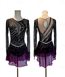 preiswerte -Eiskunstlaufkleid Damen Mädchen Eislaufen Kleid Dunkellila Patchwork Asymmetrischer Saum Netzstoff Spandex Hohe Elastizität Training Wettbewerb Eiskunstlaufkleidung Klassisch Kristall / Strass Langarm