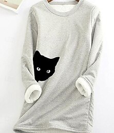 baratos -Mulheres Moletom camisolas Gato Roupa de rua Casual Manga Longa Gola Redonda Tops regulares Rua Feriado Para Noite Imprimir Rosa Cinzento Claro Inverno