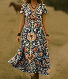 abordables -Femmes Robe maxi Robe Décontractée Robe trapèze Robe d'été Élégant Vacances Occasionnel Plage Coupe régulière Fleuri Graphique Manche Courte Col en V Rose Claire Rouge Bleu Orange Été Printemps