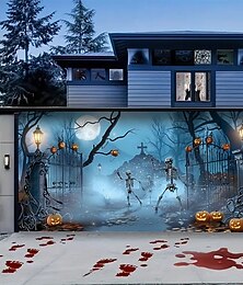 levne -Halloween kryt garážových dveří, tančící kostry, banner, hřbitovní brána, scéna s dýňovými lucernami, strašidelný hřbitov, gobelín pro venkovní dekoraci