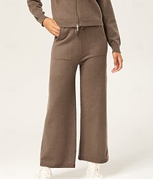 baratos -Calça suéter feminina marrom café com perna reta, cintura elástica, bolso patch, casual, estilosa, confortável, uso diário, outono