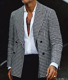 お買い得  -男性用 ブレザー ビジネス カクテルパーティー ウェディングパーティー ファッション カジュアル 秋 ポリエステル 千鳥格子 ポケット ボタン 快適 シングルブレスト ブレザー ブラック
