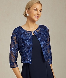 abordables -Chaqueta blazer de mujer con encaje bordado con lentejuelas ilusión de encaje elegante floral formal aniversario fiesta boda invitada frente abierto cuello redondo corto corte regular manga 3/4 ropa