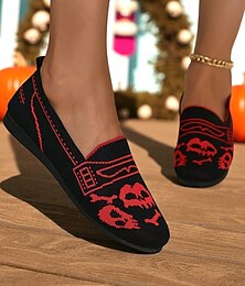 levne -Dámské černočervené pletené balerínky s kulatou špičkou a motivem lebky - halloweenské gotické nazouvací boty na podzimní večírky a běžné nošení