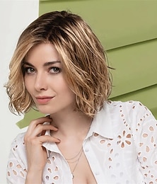 abordables -Perruque courte ombrée marron doré pour femme avec racines foncées, cheveux synthétiques réalistes, aspect naturel, résistants à la chaleur, ondulés, élégants, à porter au quotidien, style tendance