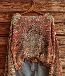 abordables -Pull femme décontracté doux floral vintage ethnique manches longues col rond régulier hauts quotidien vacances imprimé rose rouge vert printemps automne hiver