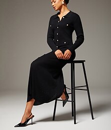 levne -Žena Volnočasové šaty Černá Dlouhý rukáv Bez vzoru Podzim Celý rok Kulatý Elegantní Moderní S M L