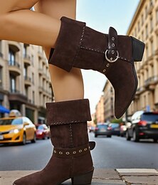 abordables -Botas de media caña de ante marrón para mujer: botines estilo western plegables con correa de hebilla y tacones bajos de bloque, zapatos retro de otoño para ropa urbana, atuendos casuales y looks inspirados en el rodeo.