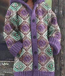 abordables -Femmes Cardigan Vacances ancien Quotidien Graphique Bloc de Couleur Côtelé À capuche Tricoté Imprimé Poche Avant manche longue Hauts Réguliers Tricoter Extérieur Quotidien Fête Bleu Violet Automne