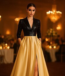 abordables -Robe smoking Ligne A Formel robe demoiselle d honneur Kentucky Derby Satin Élégant Style Célébrité Manches 3/4 plissées Longueur au sol