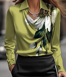ieftine -Pentru femei Cămașă Floral Grafic Elegant Stilat De Bază Manșon Lung Guler Cămașă Topuri obișnuite Zilnic Imprimeu Negru Bleumarin Albastru piscină Trifoi Vară Primăvară Toamnă