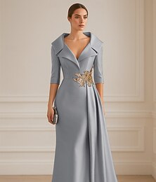 abordables -Ligne A Robe de Soirée Élégant Robe de soirée Formel Mariage Longueur au sol Demi Manches Revers Satin Extensible avec Plis 2025