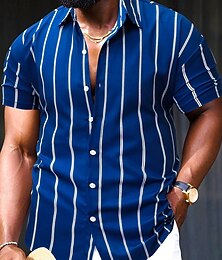 preiswerte -Herren Hemd Sommerhemd Freizeithemd Strandhemd Knopfhemd Schwarz Hellgrün Königliches Blau Grün Kaki Kurzarm Gestreift Revers Urlaub Hawaiianisch Bekleidung Polyester Mode Lässig Bequem