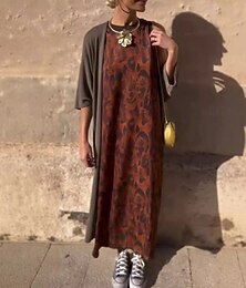 abordables -Femmes Robe Longue Maxi Robe Robe Ensemble Classique Moderne Extérieur Vacances Fête Coupe régulière Léopard Manche 3/4 Col ras du cou Marron Automne