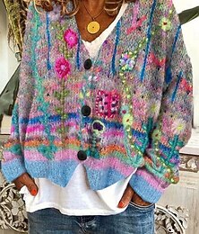 billiga -Dam Tröja Kofta Elegant Mode Streetwear Grafisk Geometrisk Randig V-hals Ficka Blommig Stickat Långärmad Vanliga toppar Sticka Utomhus Dagligen Helgen Rodnande Rosa Fuchsia Vår Höst