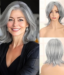 abordables -Peluca corta bob gris sintética en capas, color gris plateado, con puntas onduladas, estilo sal y pimienta, realista, para mujer, con raya al medio y corte de lobo natural, para uso diario, largo