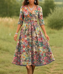 economico -Per donna Abito Midi Vestito Casual Abito a trapezio Vacanza Casual Vestibilità regolare Floreale Grafico Manica 3/4 Scollo a V Rosa Rosso Blu marino Blu Primavera Autunno