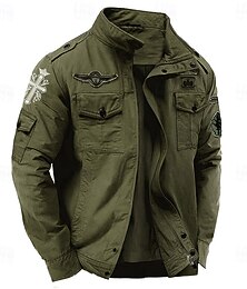 preiswerte -Herren Kreuz Cargo-Jacke Windbreaker Militärjacke Praktisch Lässig Outdoor Campen und Wandern Bestickt Seitentaschen Frontreißverschluss Herbst Winter Stehkragen Langarm Schwarz Kaki Armeegrün